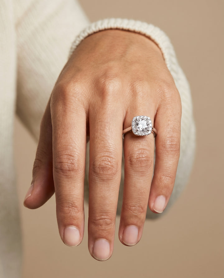 The Kate Pavé Halo Engagement Ring Setting for Cushion Diamonds in Platinum