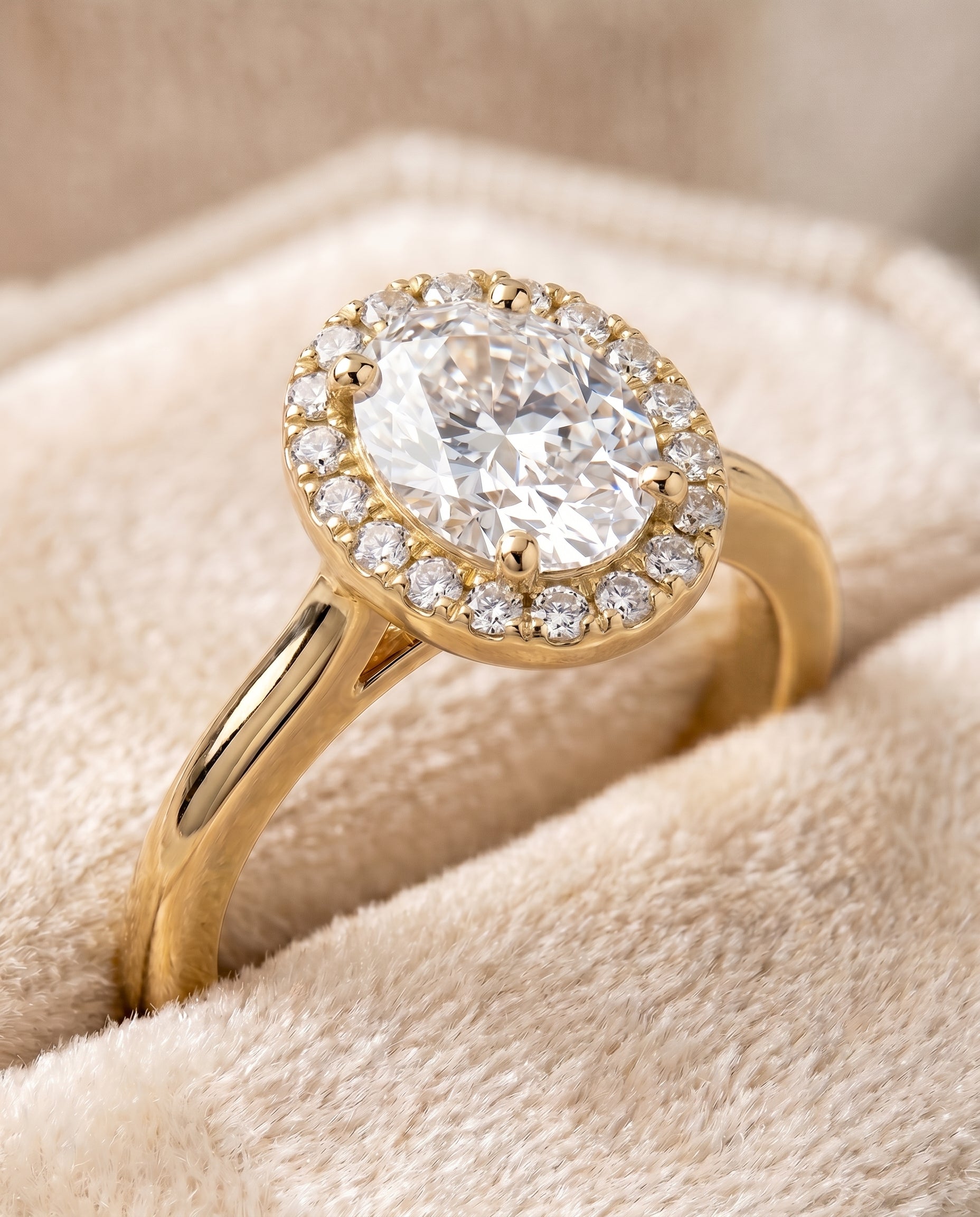 Kate Select Classic French Pavé Halo Oval Lab Diamond Engagement Ring in 18K Yellow Gold, detail view | RockHer