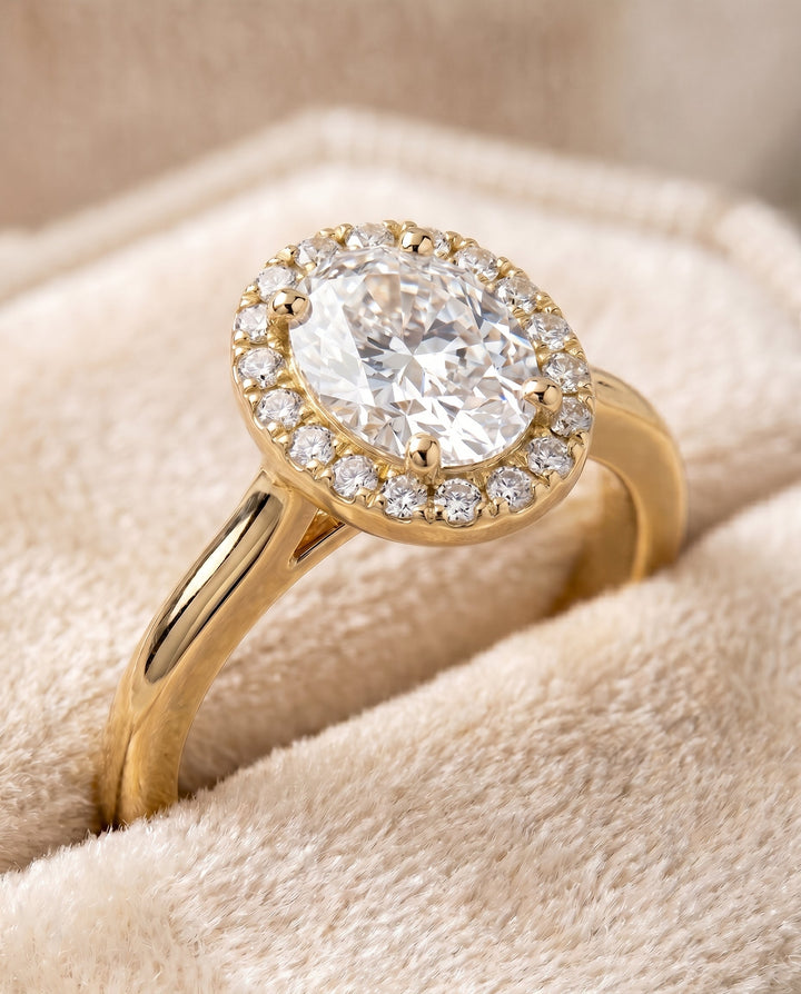 Kate Select Classic French Pavé Halo Oval Lab Diamond Engagement Ring in 18K Yellow Gold, detail view | RockHer