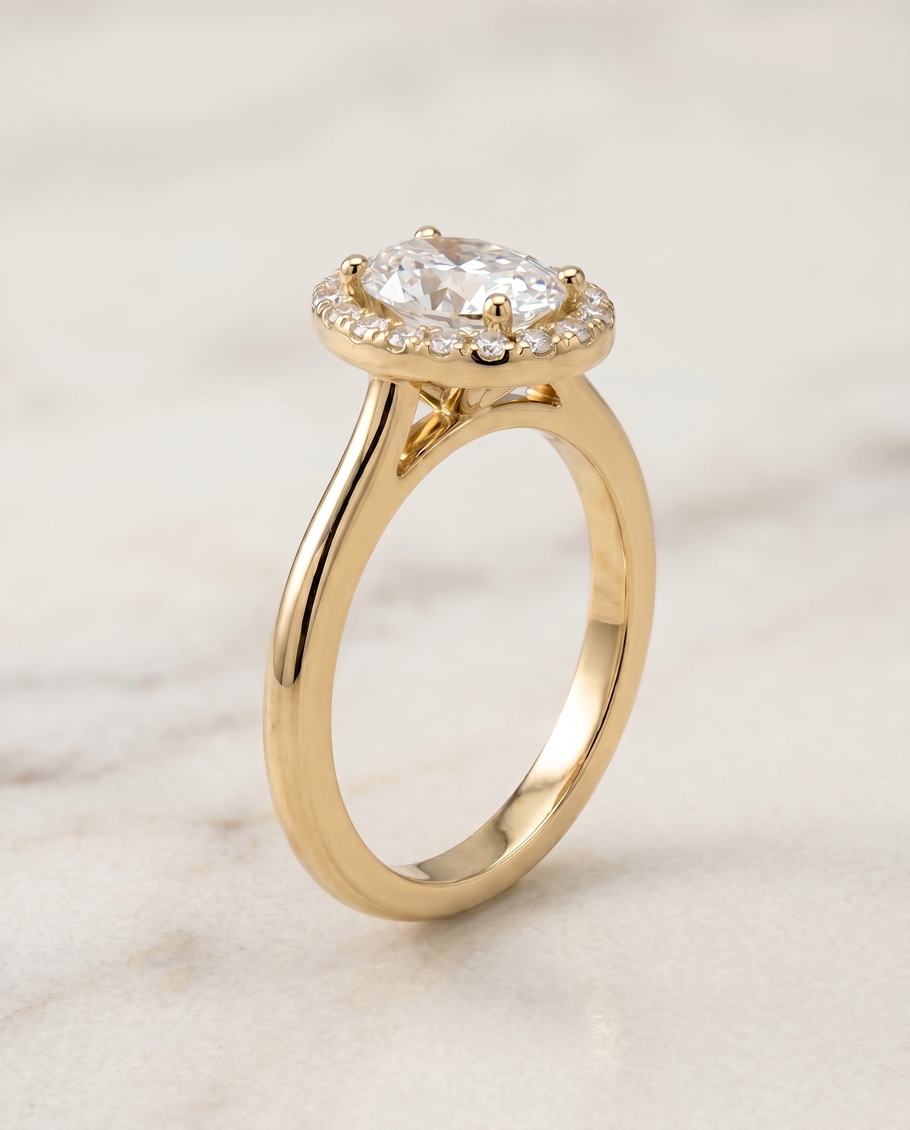 Kate Select Classic French Pavé Halo Oval Lab Diamond Engagement Ring in 18K Yellow Gold, front view | RockHer