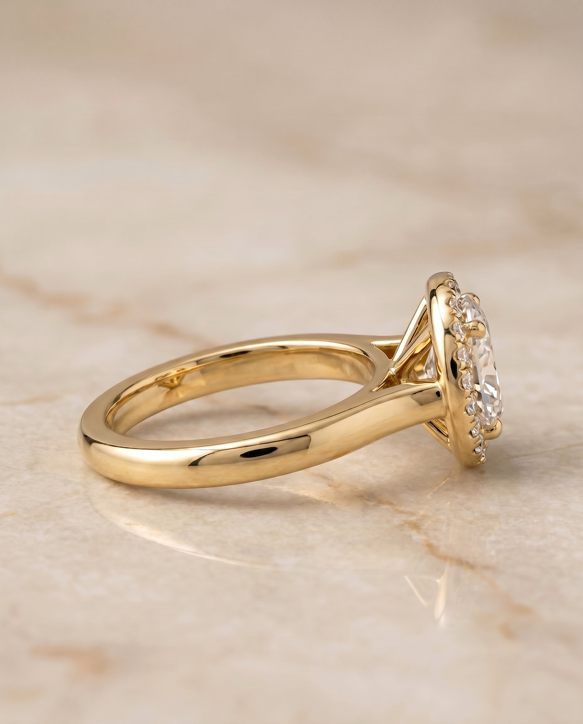 Kate Select Classic French Pavé Halo Oval Lab Diamond Engagement Ring in 18K Yellow Gold, side view | RockHer