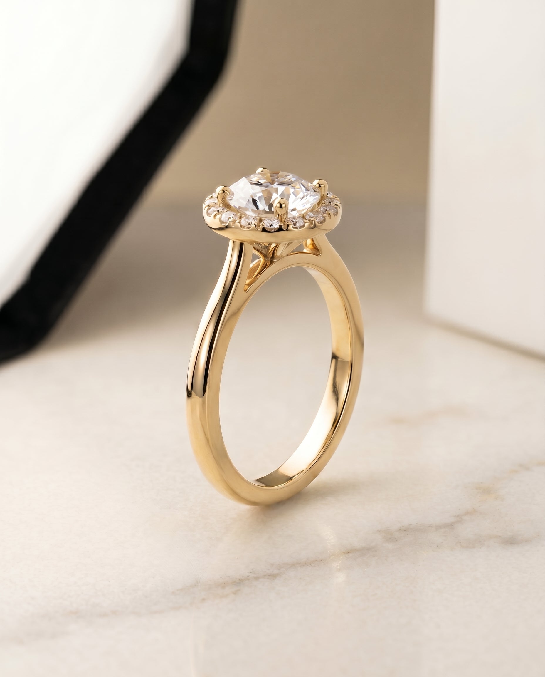 Kate Select Halo Round Lab Diamond Engagement Ring in 18K Yellow Gold, front view | RockHer