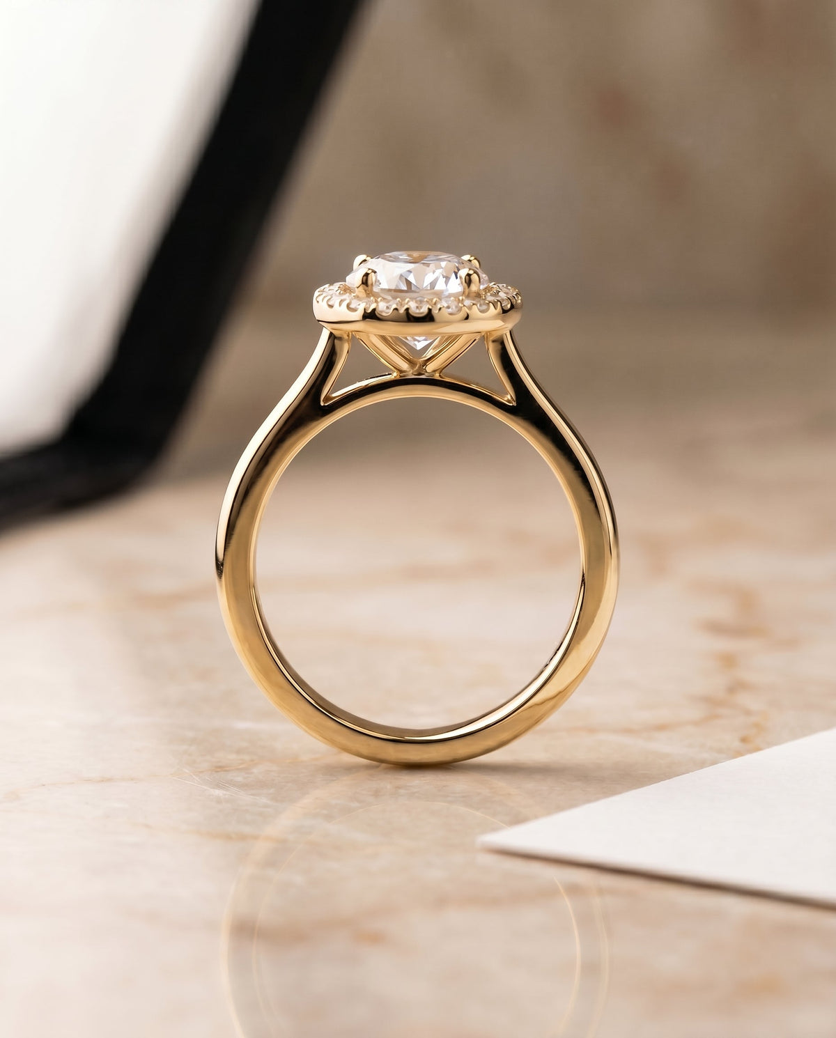 Kate Select Halo Round Lab Diamond Engagement Ring in 18K Yellow Gold, side view | RockHer