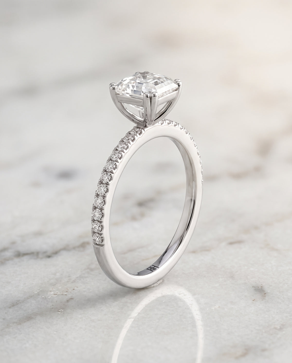 The Kelly Double Claw Prong French Pavé Asscher Cut Engagement Ring Setting in Platinum