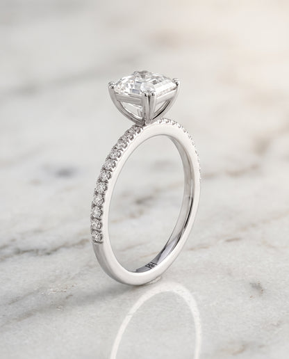 The Kelly Double Claw Prong French Pavé Asscher Cut Engagement Ring Setting in Platinum