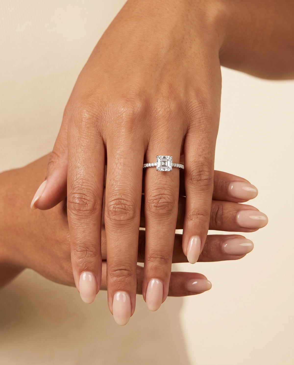 The Kelly Double Claw Prong French Pavé Asscher Cut Engagement Ring Setting in Platinum