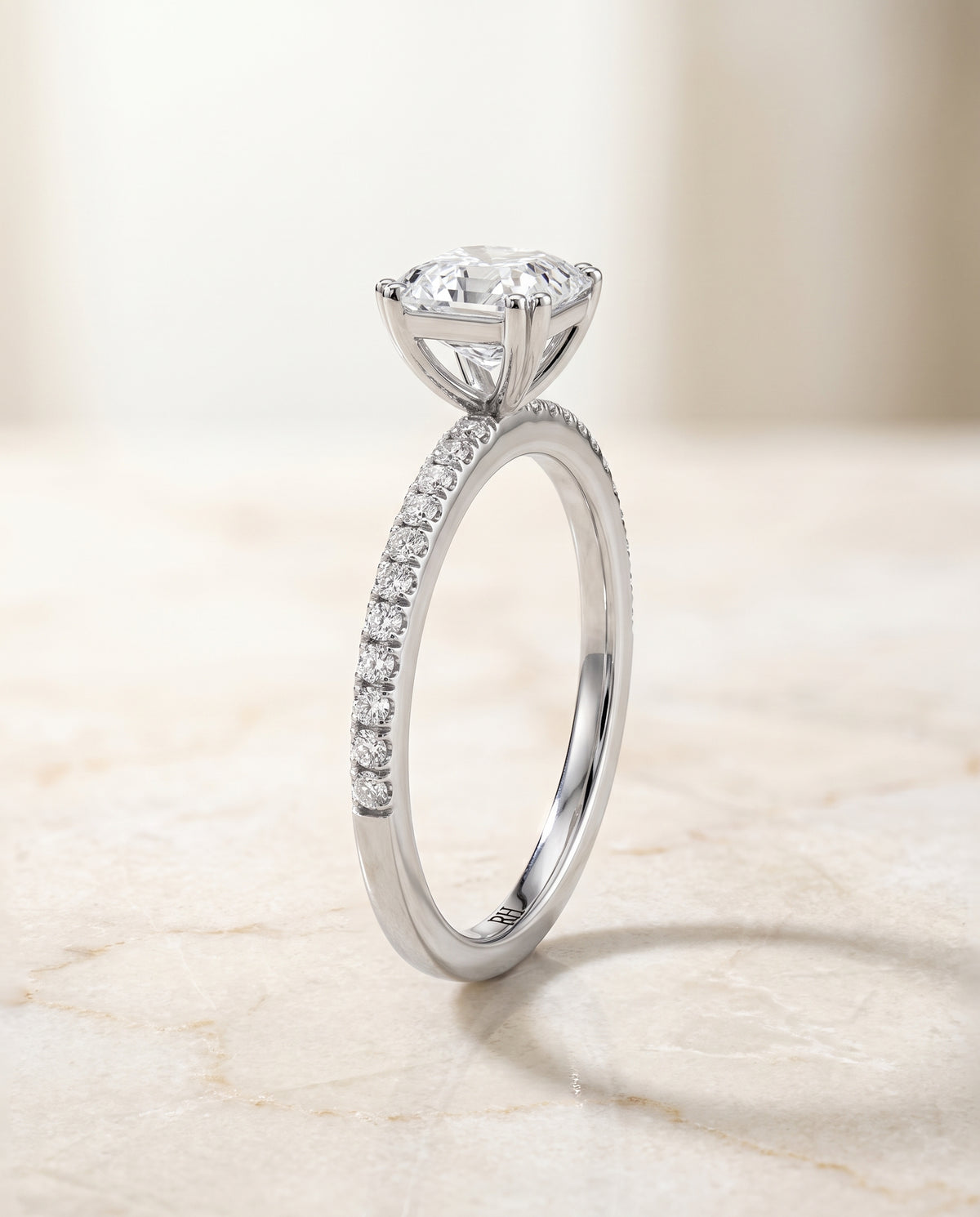The Kelly Double Claw Prong French Pavé Asscher Cut Engagement Ring Setting in Platinum