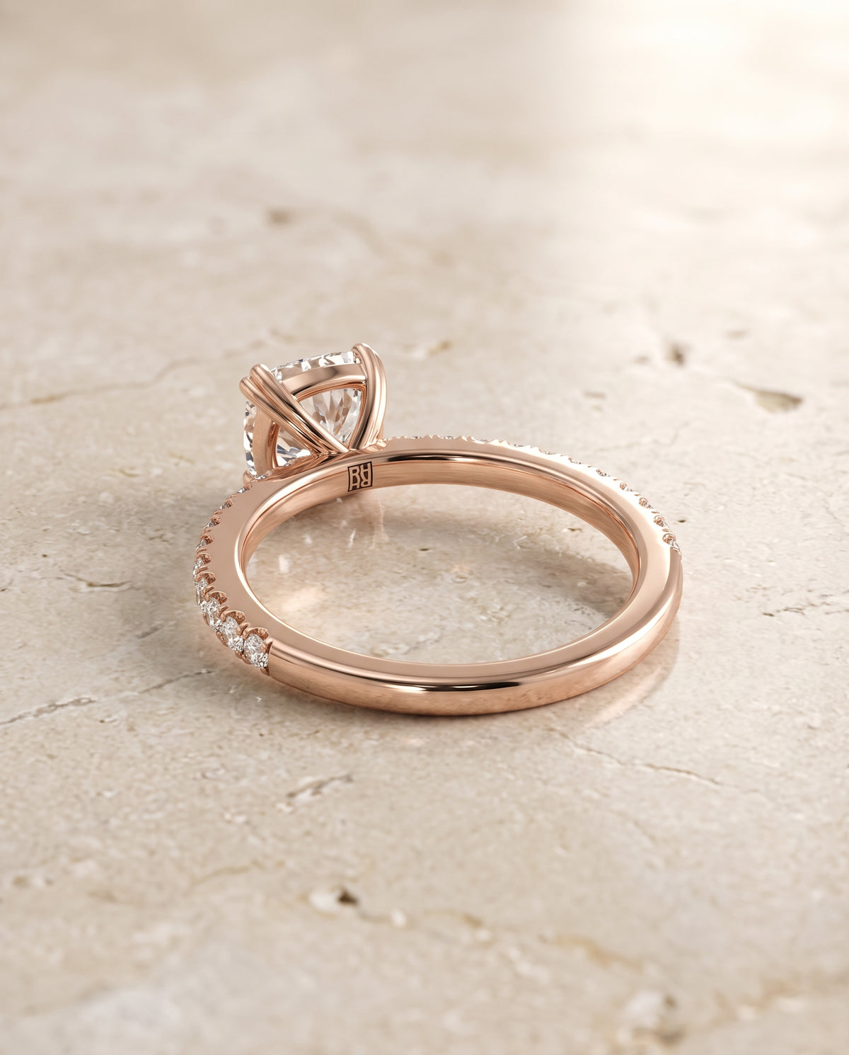 The Kelly Double Claw Prong French Pavé Cushion Cut Engagement Ring Setting in 14K Rose Gold