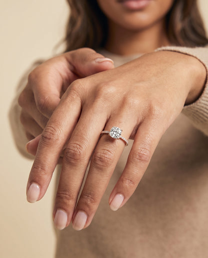 The Kelly Double Claw Prong French Pavé Cushion Cut Engagement Ring Setting in 14K Rose Gold