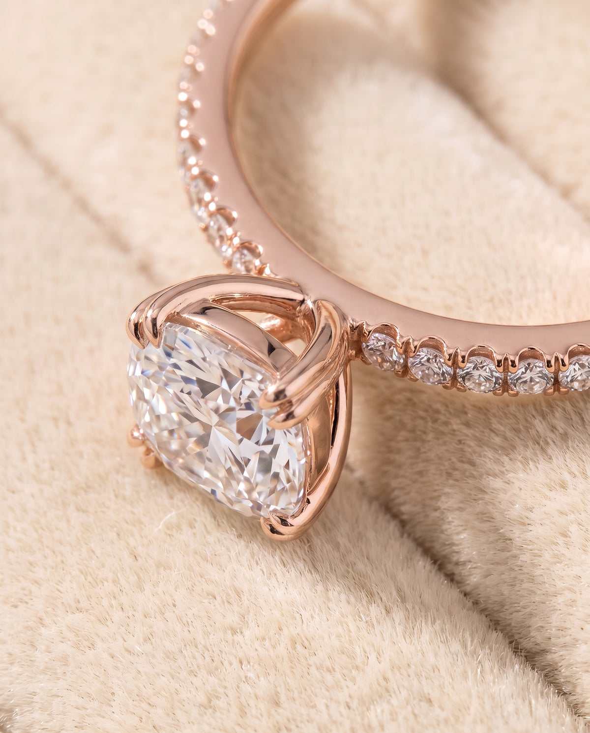 The Kelly Double Claw Prong French Pavé Cushion Cut Engagement Ring Setting in 14K Rose Gold
