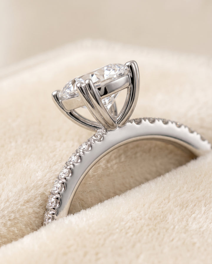 The Kelly Double Claw Prong French Pavé Cushion Cut Engagement Ring Setting in Platinum