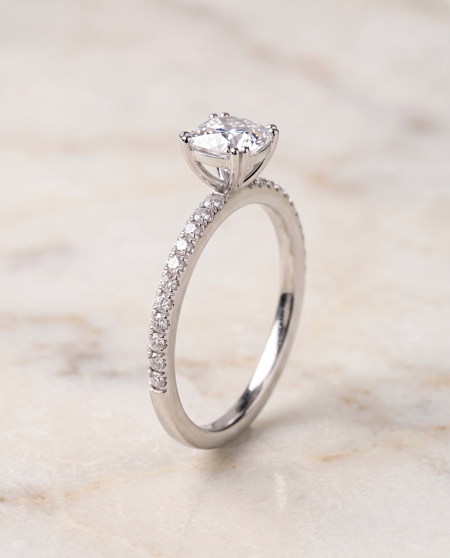 The Kelly Double Claw Prong French Pavé Cushion Cut Engagement Ring Setting in Platinum