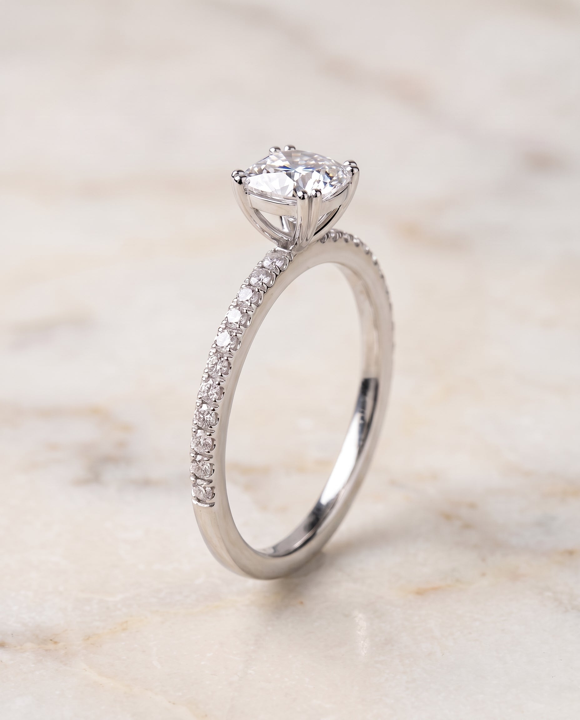 Double Claw Prong French Pavé Cut styling on The Kelly cushion engagement ring setting | RockHer