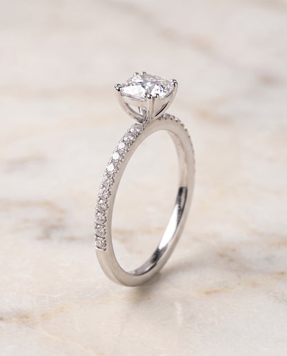 The Kelly Double Claw Prong French Pavé Cushion Cut Engagement Ring Setting in Platinum