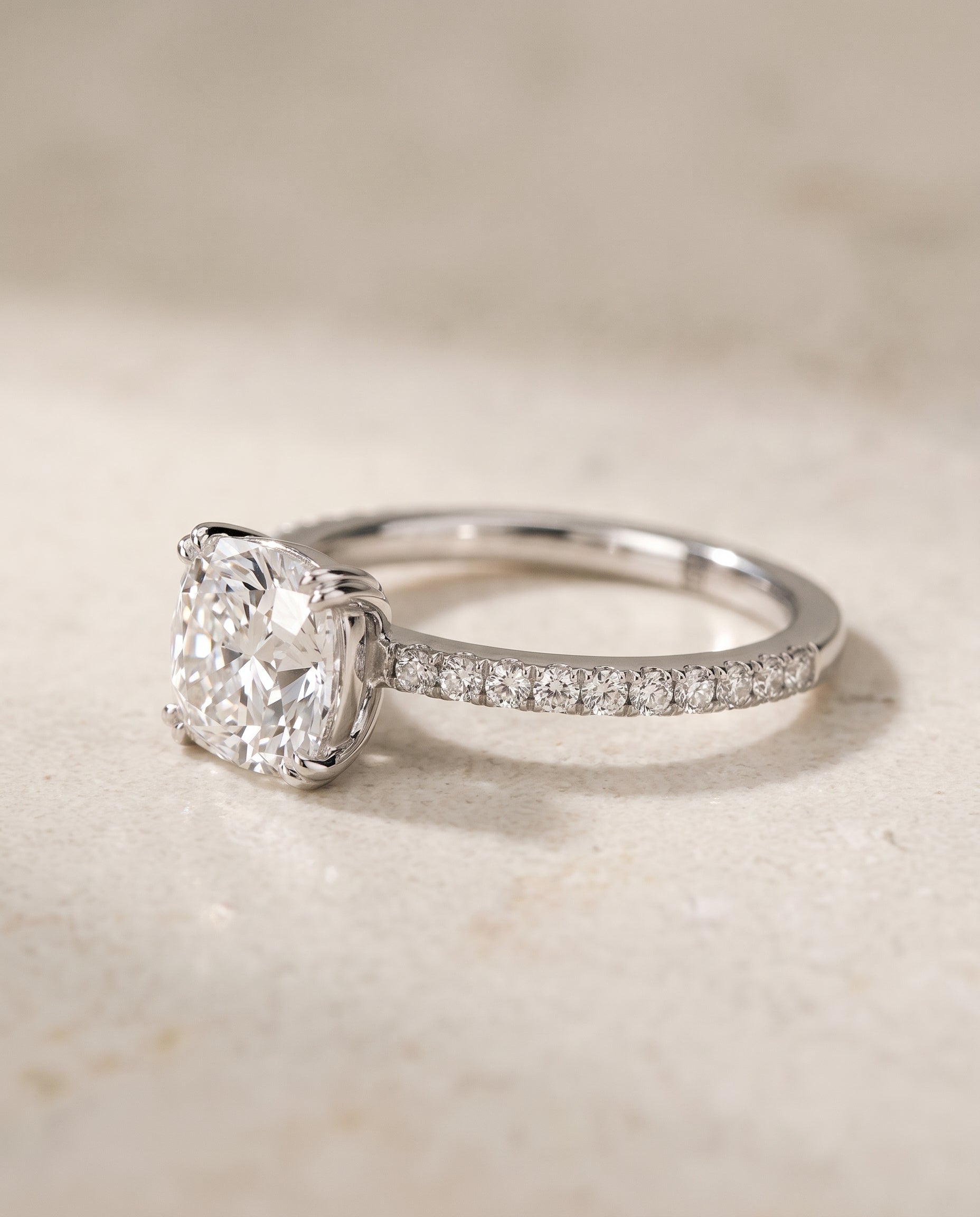 The Kelly Double Claw Prong French Pavé Cushion Cut Engagement Ring Setting in Platinum