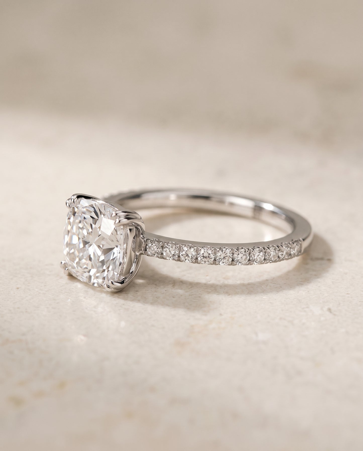 The Kelly Double Claw Prong French Pavé Cushion Cut Engagement Ring Setting in Platinum