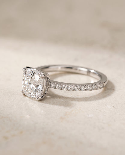 The Kelly Double Claw Prong French Pavé Cushion Cut Engagement Ring Setting in Platinum