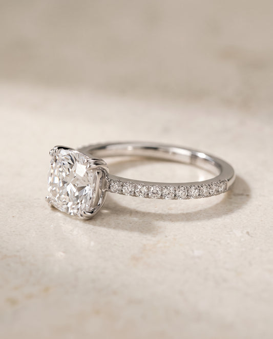 The Kelly Double Claw Prong French Pavé Cushion Cut Engagement Ring Setting in 18K White Gold