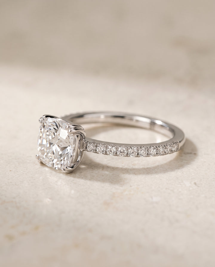 The Kelly Double Claw Prong French Pavé Cushion Cut Engagement Ring Setting in Platinum
