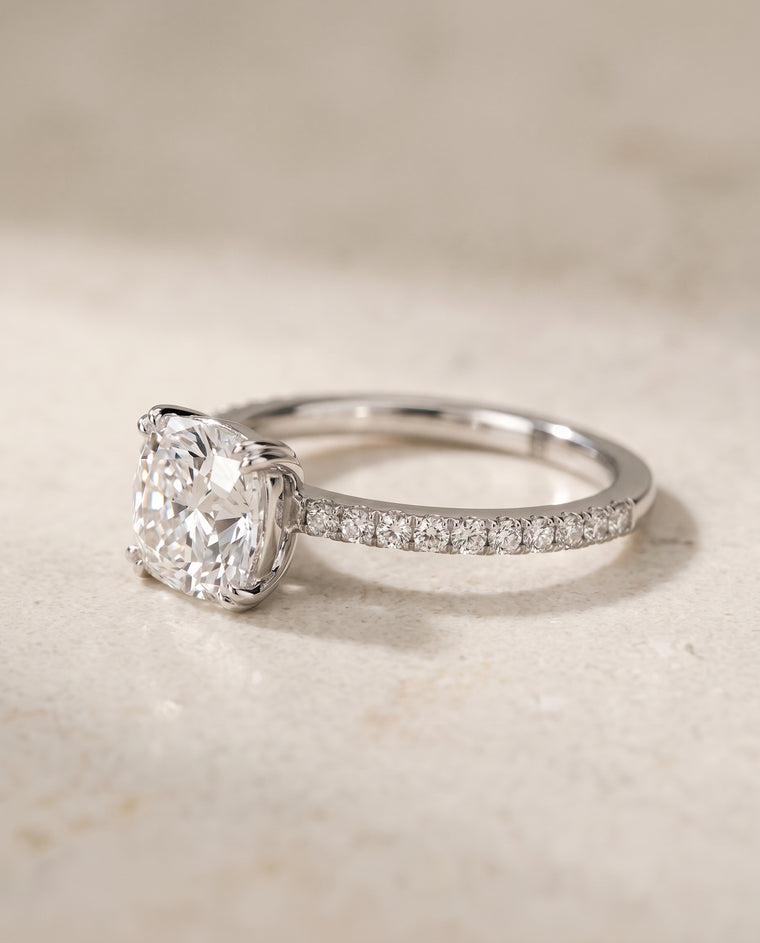 The Kelly Double Claw Prong French Pavé Cushion Cut Engagement Ring Setting in 18K White Gold