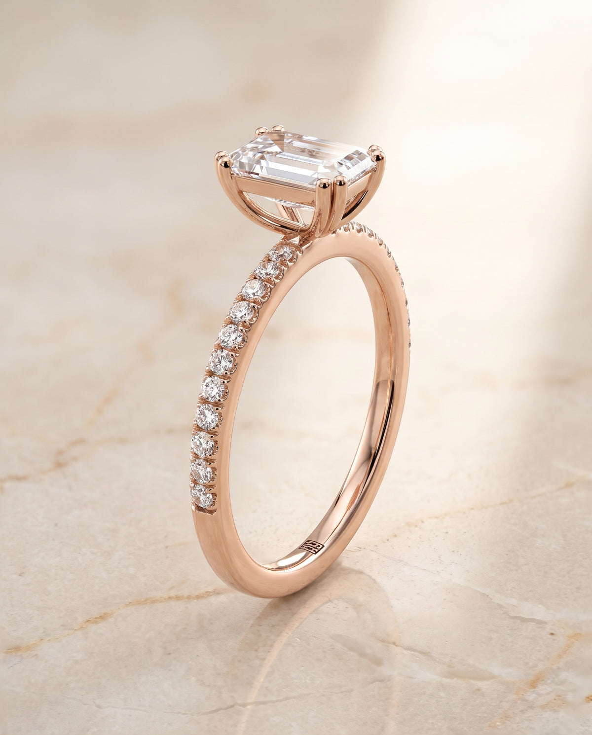 The Kelly Double Claw Prong French Pavé Emerald Cut Engagement Ring Setting in 14K Rose Gold