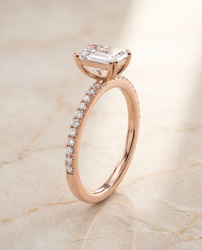 The Kelly Double Claw Prong French Pavé Emerald Cut Engagement Ring Setting in 14K Rose Gold
