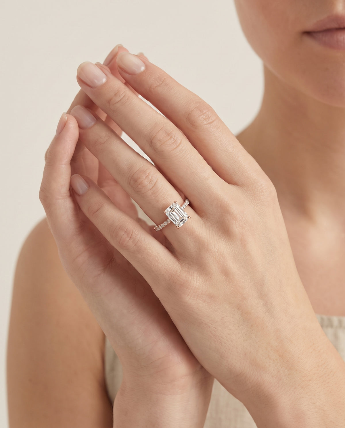 The Kelly Double Claw Prong French Pavé Emerald Cut Engagement Ring Setting in 14K Rose Gold
