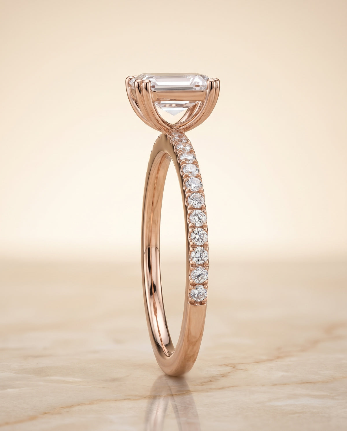 The Kelly Double Claw Prong French Pavé Emerald Cut Engagement Ring Setting in 14K Rose Gold