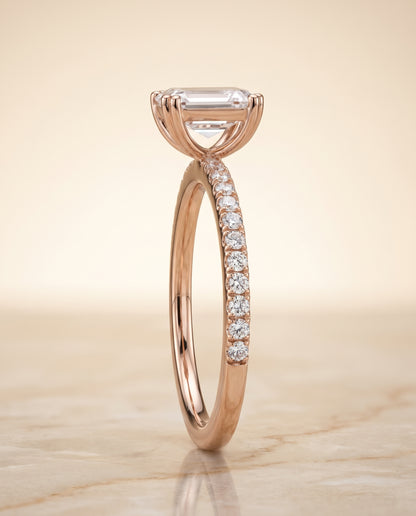 The Kelly Double Claw Prong French Pavé Emerald Cut Engagement Ring Setting in 14K Rose Gold