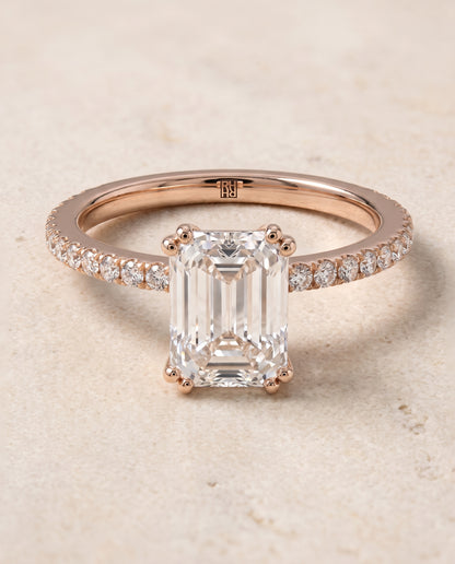 The Kelly Double Claw Prong French Pavé Emerald Cut Engagement Ring Setting in 14K Rose Gold