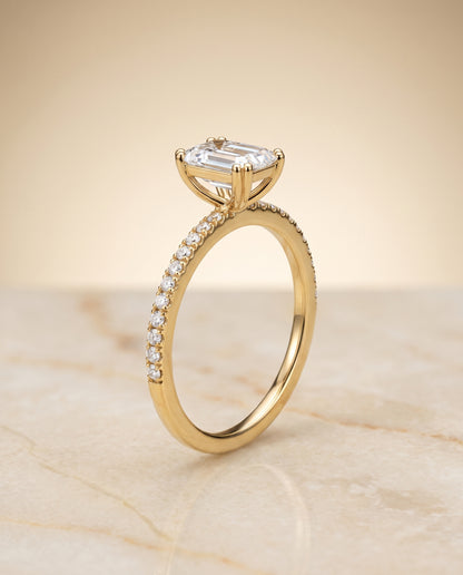 The Kelly Double Claw Prong French Pavé Emerald Cut Engagement Ring Setting in 18K Yellow Gold
