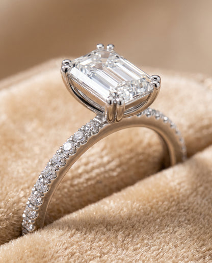 The Kelly Double Claw Prong French Pavé Emerald Cut Engagement Ring Setting in 18K White Gold