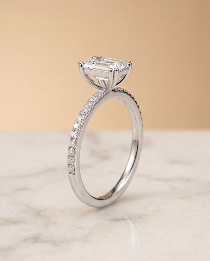 The Kelly Double Claw Prong French Pavé Emerald Cut Engagement Ring Setting in 18K White Gold