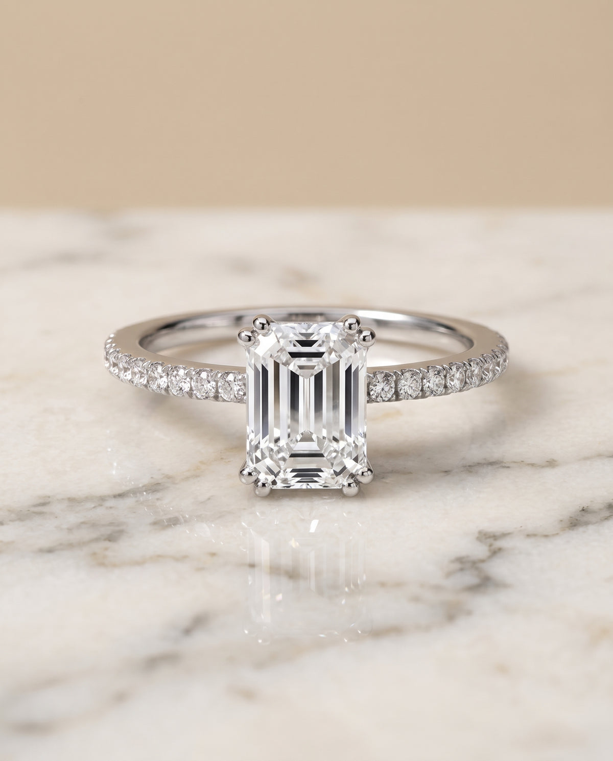 The Kelly Double Claw Prong French Pavé Emerald Cut Engagement Ring Setting in 18K White Gold