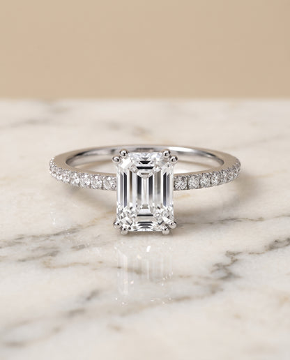 The Kelly Double Claw Prong French Pavé Emerald Cut Engagement Ring Setting in 18K White Gold