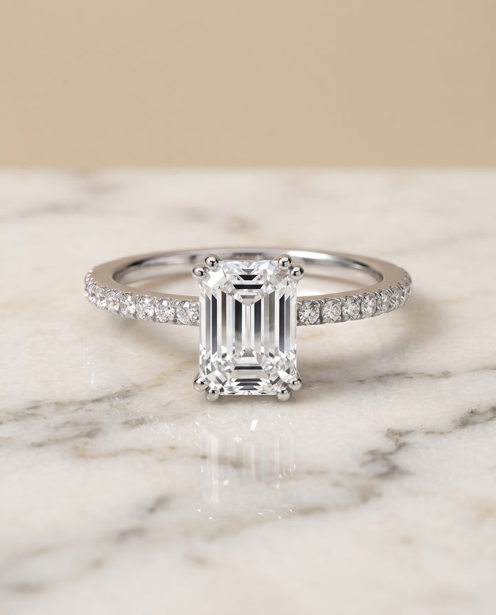 The Kelly Double Claw Prong French Pavé Emerald Cut Engagement Ring Setting in Platinum