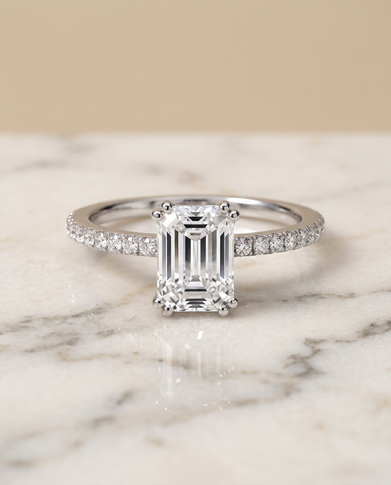 The Kelly Double Claw Prong French Pavé Emerald Cut Engagement Ring Setting in 18K White Gold