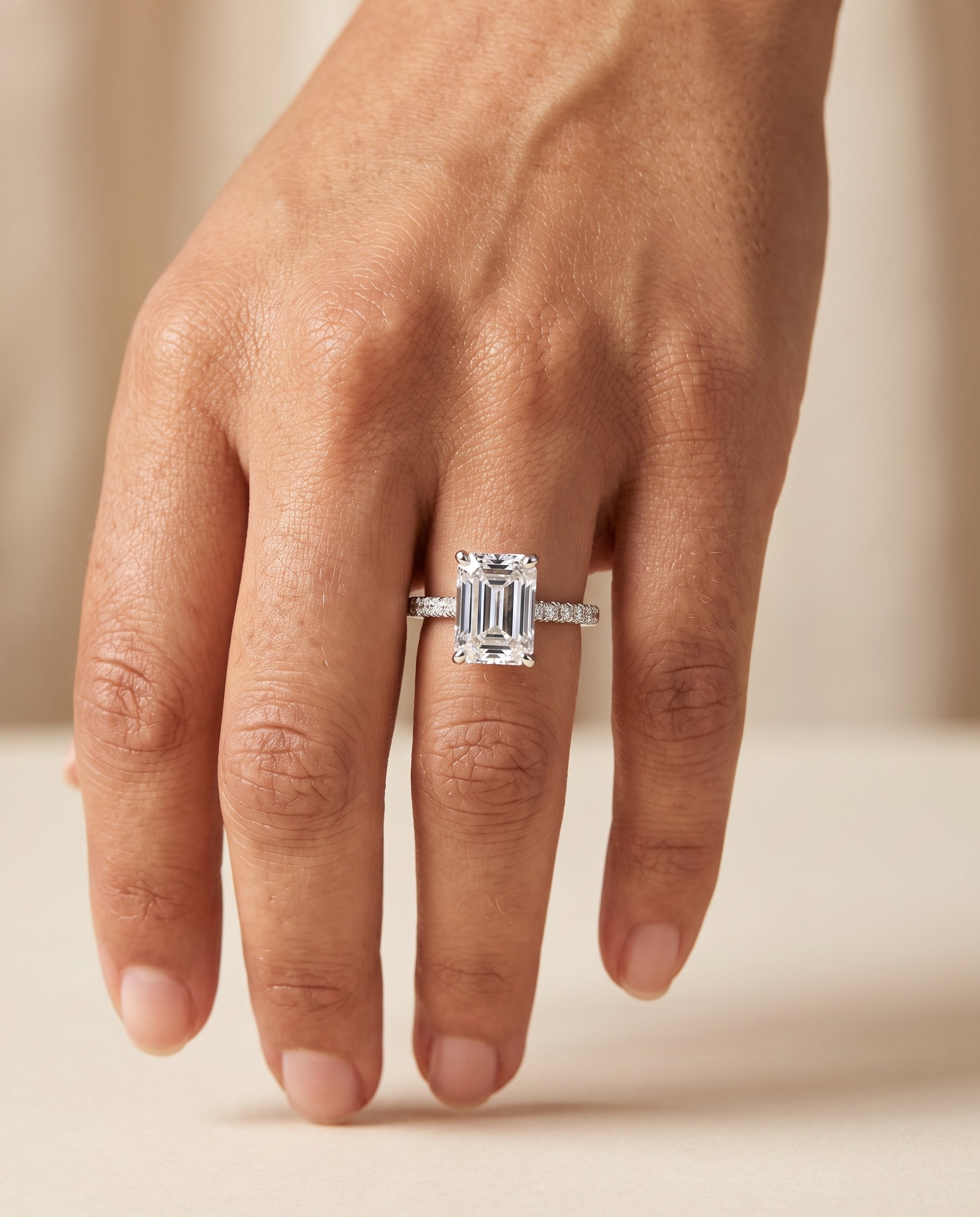 The Kelly Double Claw Prong French Pavé Emerald Cut Engagement Ring Setting in 18K White Gold