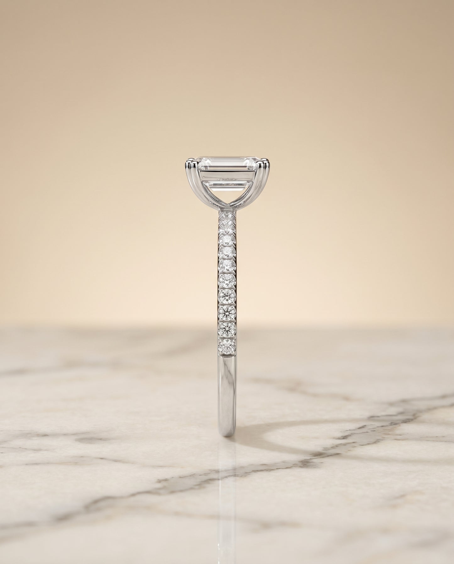 The Kelly Double Claw Prong French Pavé Emerald Cut Engagement Ring Setting in 18K White Gold