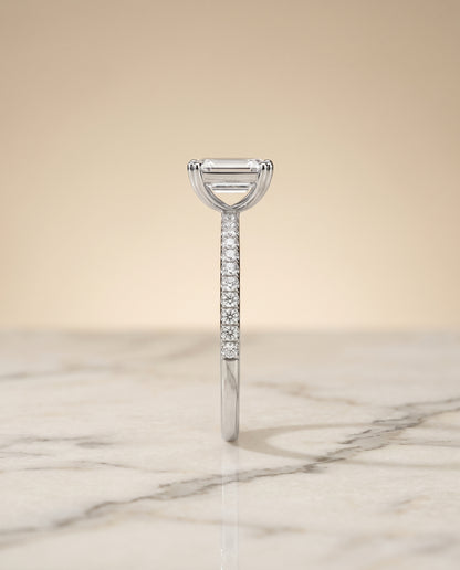The Kelly Double Claw Prong French Pavé Emerald Cut Engagement Ring Setting in 18K White Gold