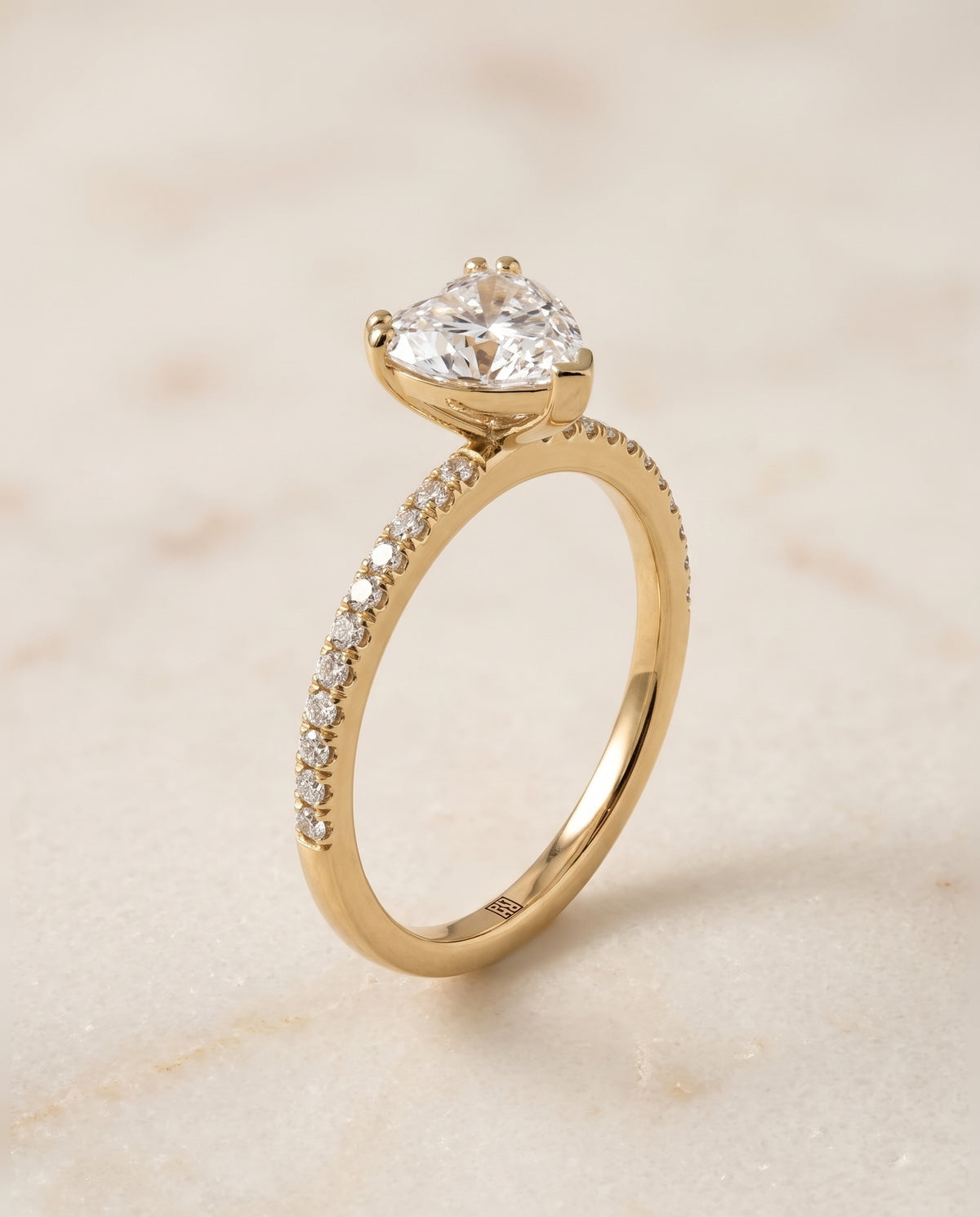 The Kelly Double Claw Prong French Pavé Heart Engagement Ring Setting in 18K Yellow Gold