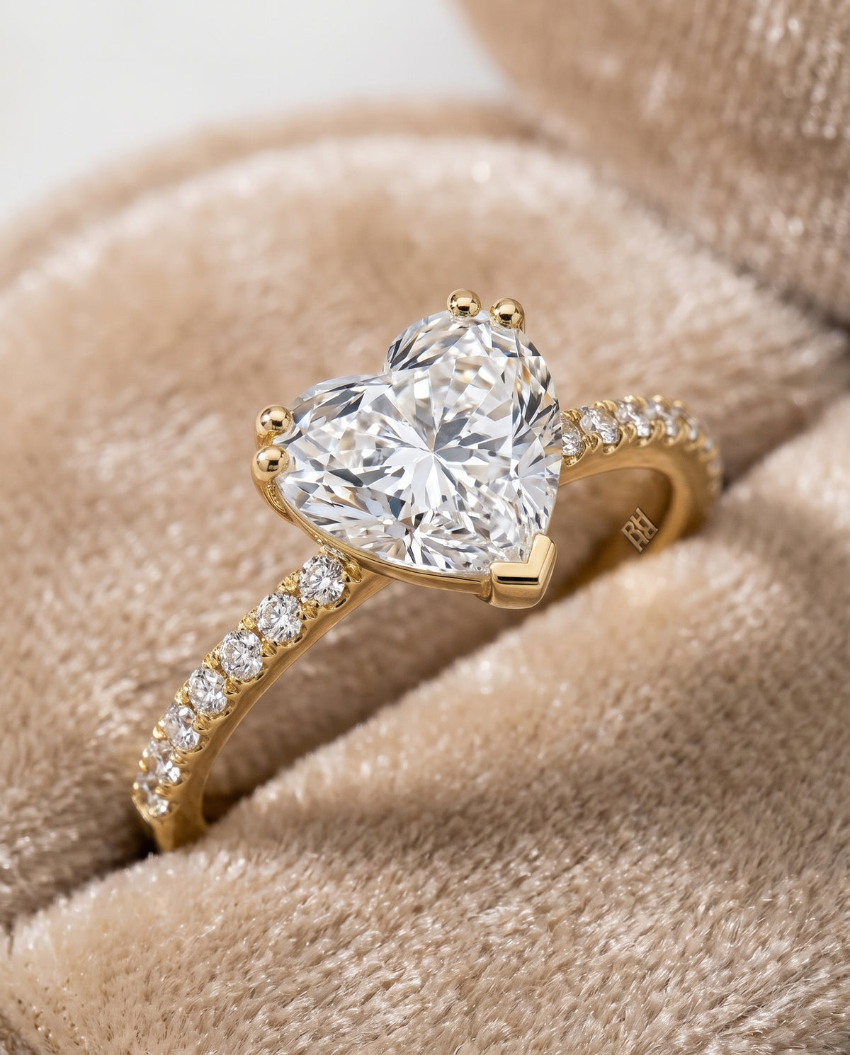 The Kelly Double Claw Prong French Pavé Heart Engagement Ring Setting in 18K Yellow Gold