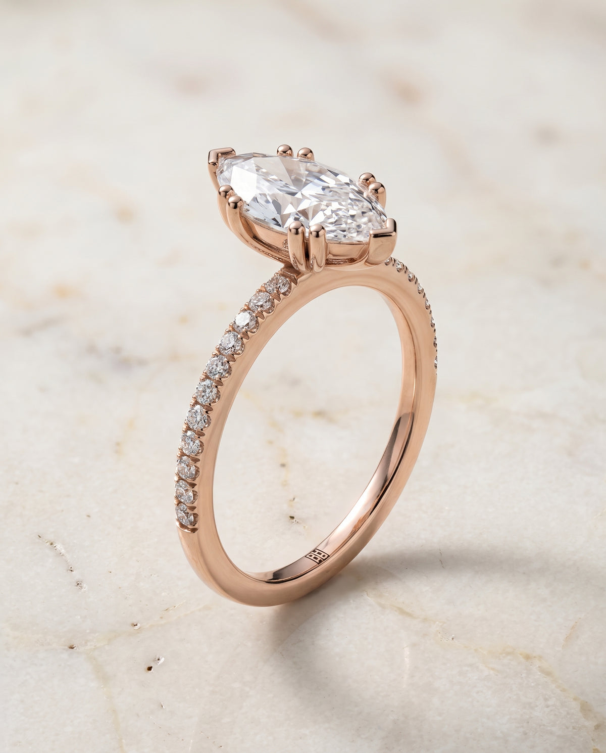 The Kelly Double Claw Prong French Pavé Marquise Engagement Ring Setting in 14K Rose Gold