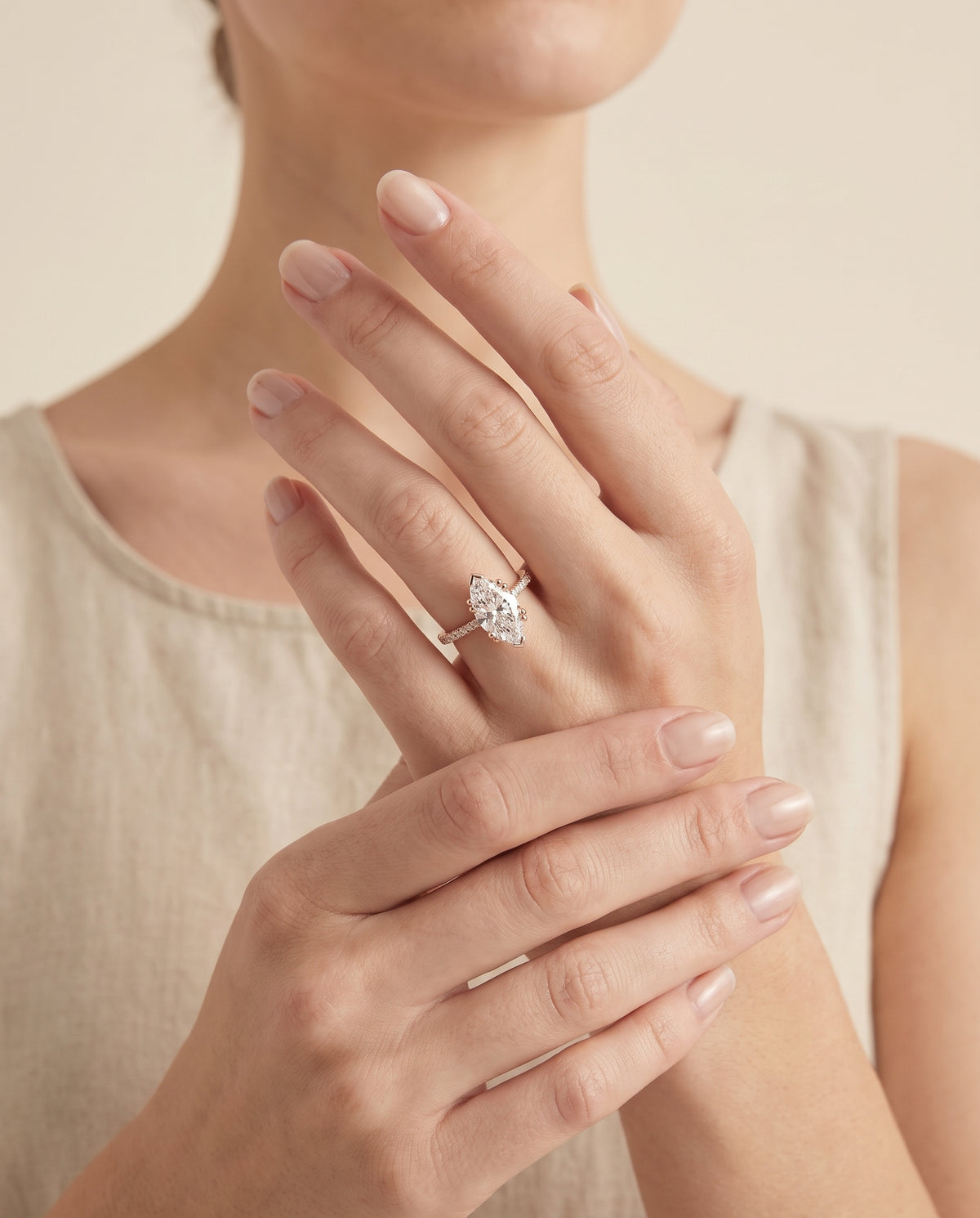 The Kelly Double Claw Prong French Pavé Marquise Engagement Ring Setting in 14K Rose Gold