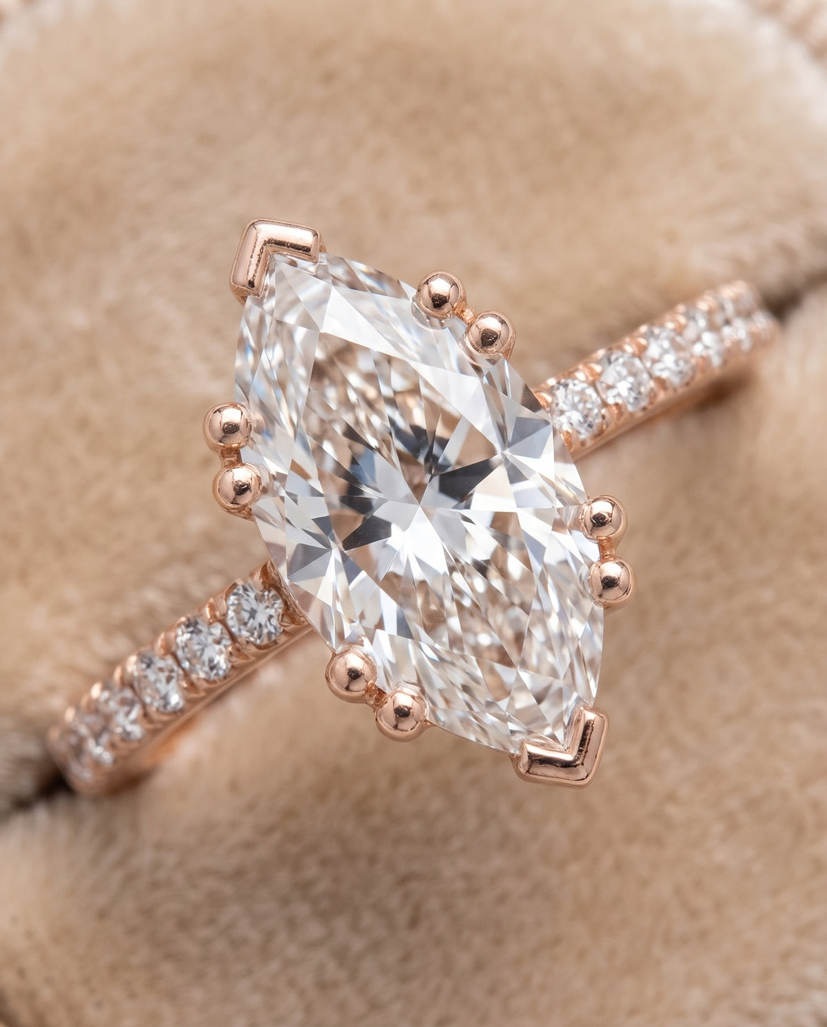 The Kelly Double Claw Prong French Pavé Marquise Engagement Ring Setting in 14K Rose Gold