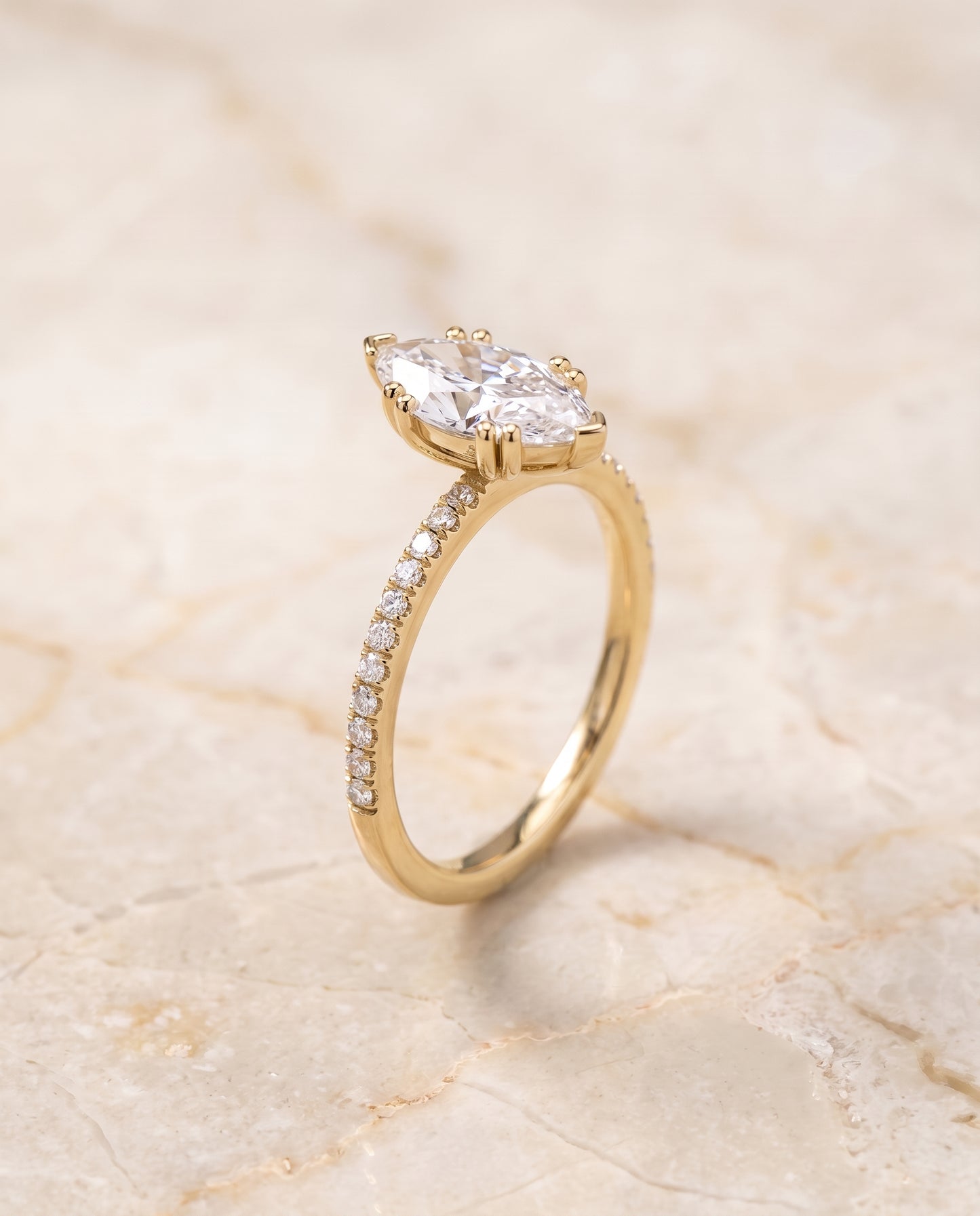 The Kelly Double Claw Prong French Pavé Marquise Engagement Ring Setting in 18K Yellow Gold