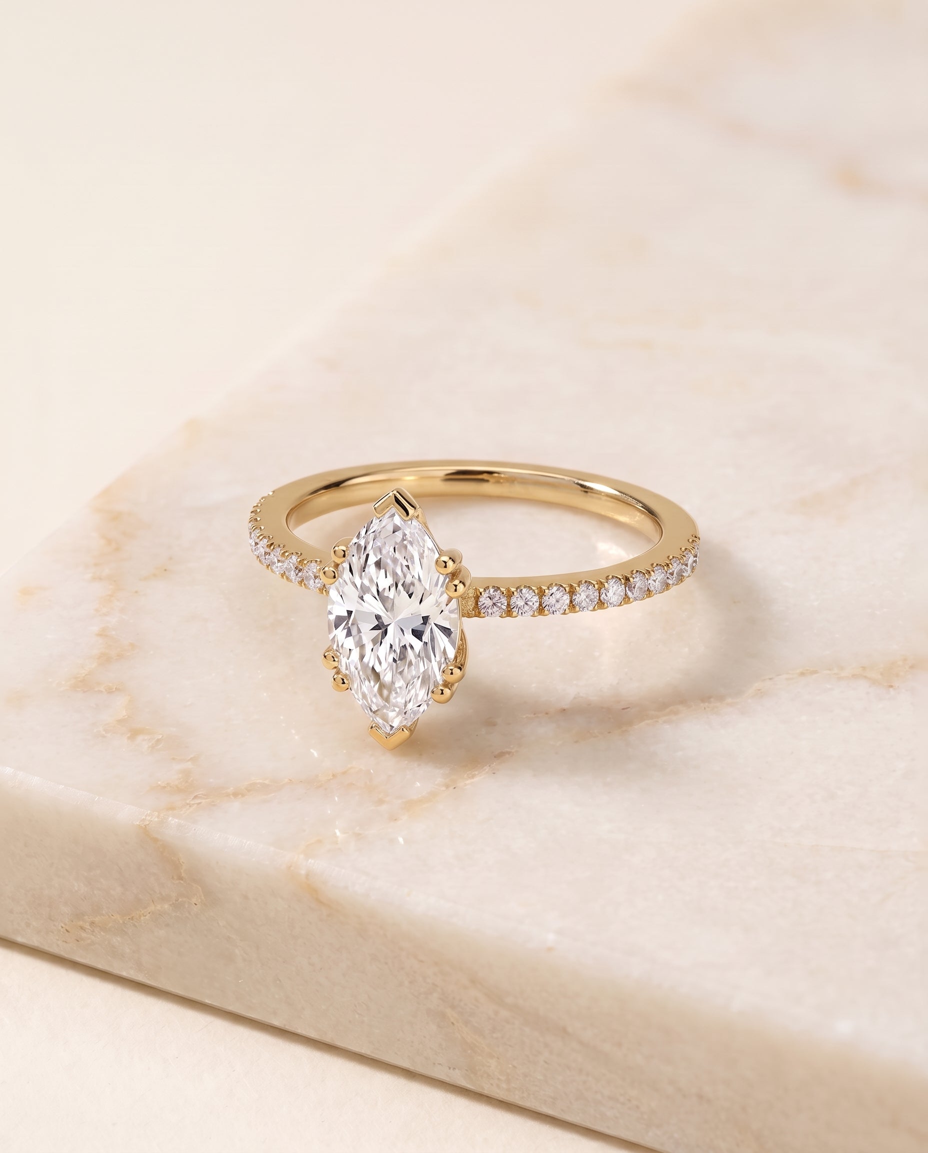 The Kelly Double Claw Prong French Pavé Marquise Engagement Ring Setting in 18K Yellow Gold