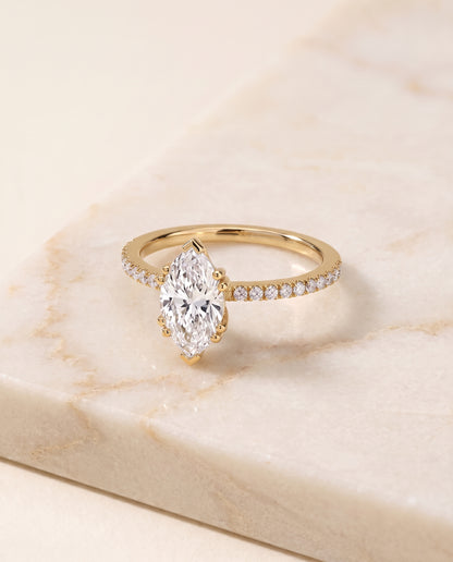 The Kelly Double Claw Prong French Pavé Marquise Engagement Ring Setting in 18K Yellow Gold