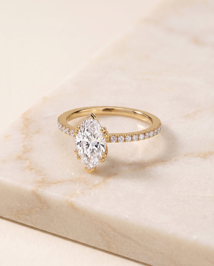 The Kelly Double Claw Prong French Pavé Marquise Engagement Ring Setting in 18K Yellow Gold
