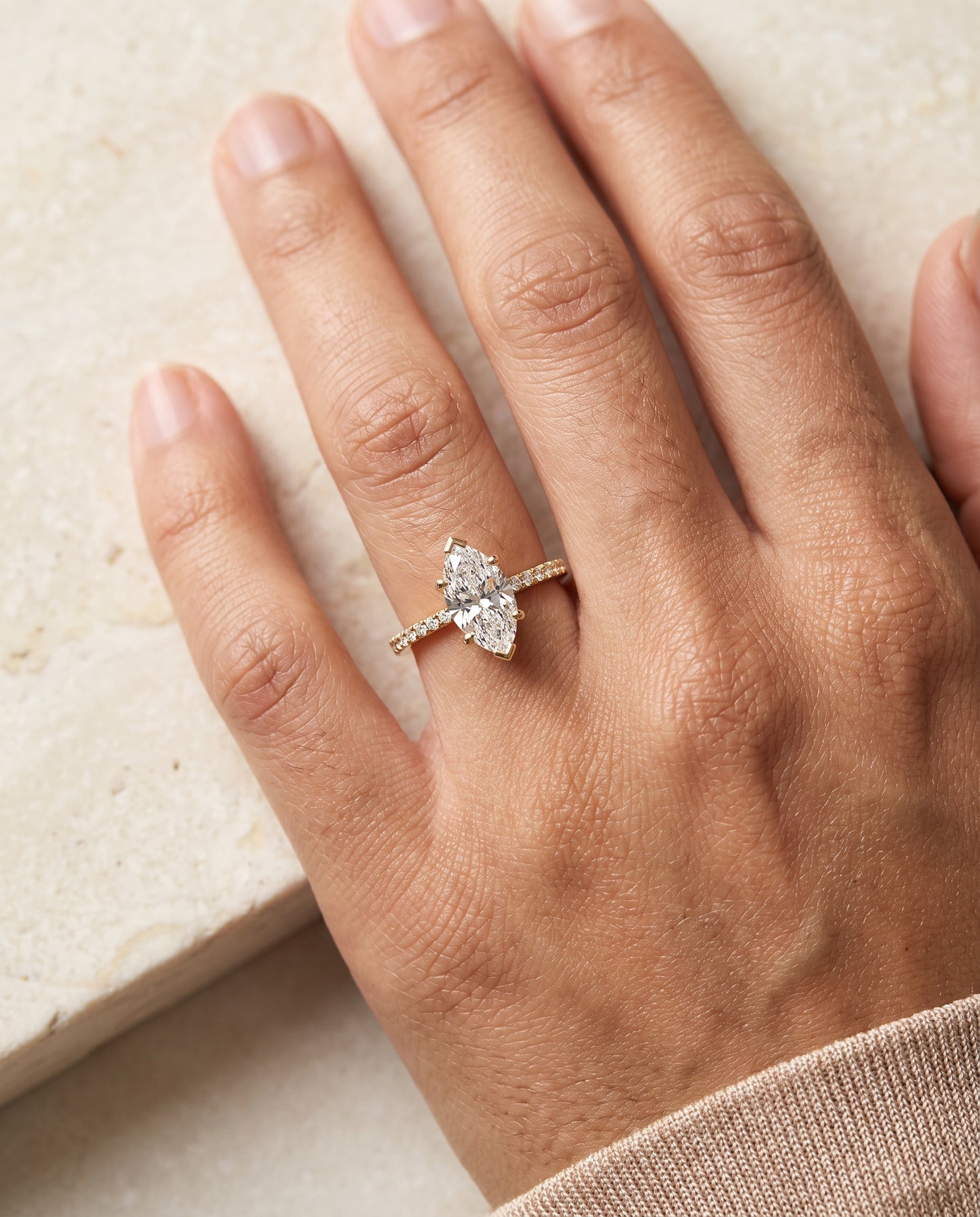 The Kelly Double Claw Prong French Pavé Marquise Engagement Ring Setting in 18K Yellow Gold